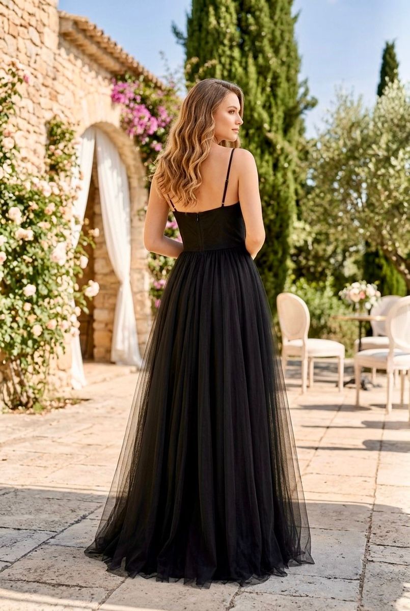 Robe Longue Tulle Glamour Perlée - Noir