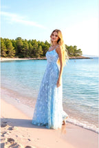 Robe longue fluide à bretelles - Bleu