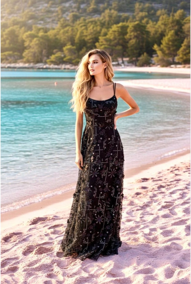 Robe longue fluide à bretelles - Noir