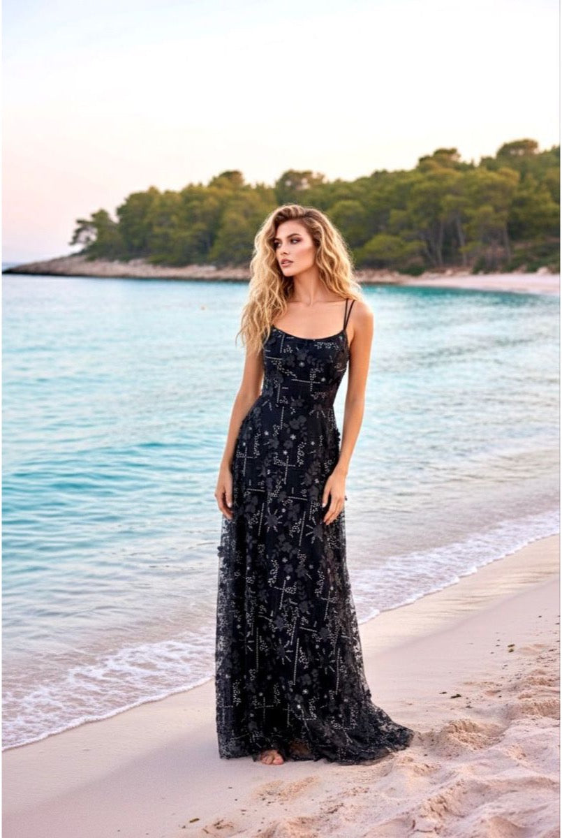 Robe longue fluide à bretelles - Noir