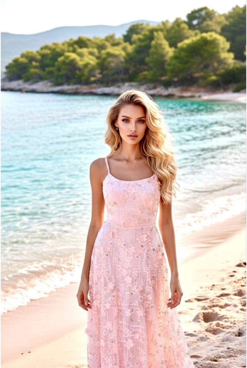 Robe longue fluide à bretelles - Rose