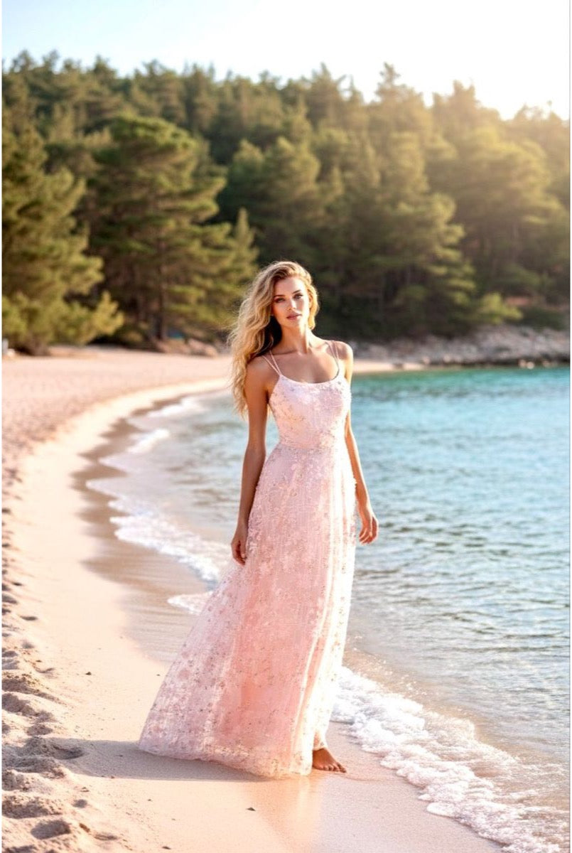 Robe longue fluide à bretelles - Rose
