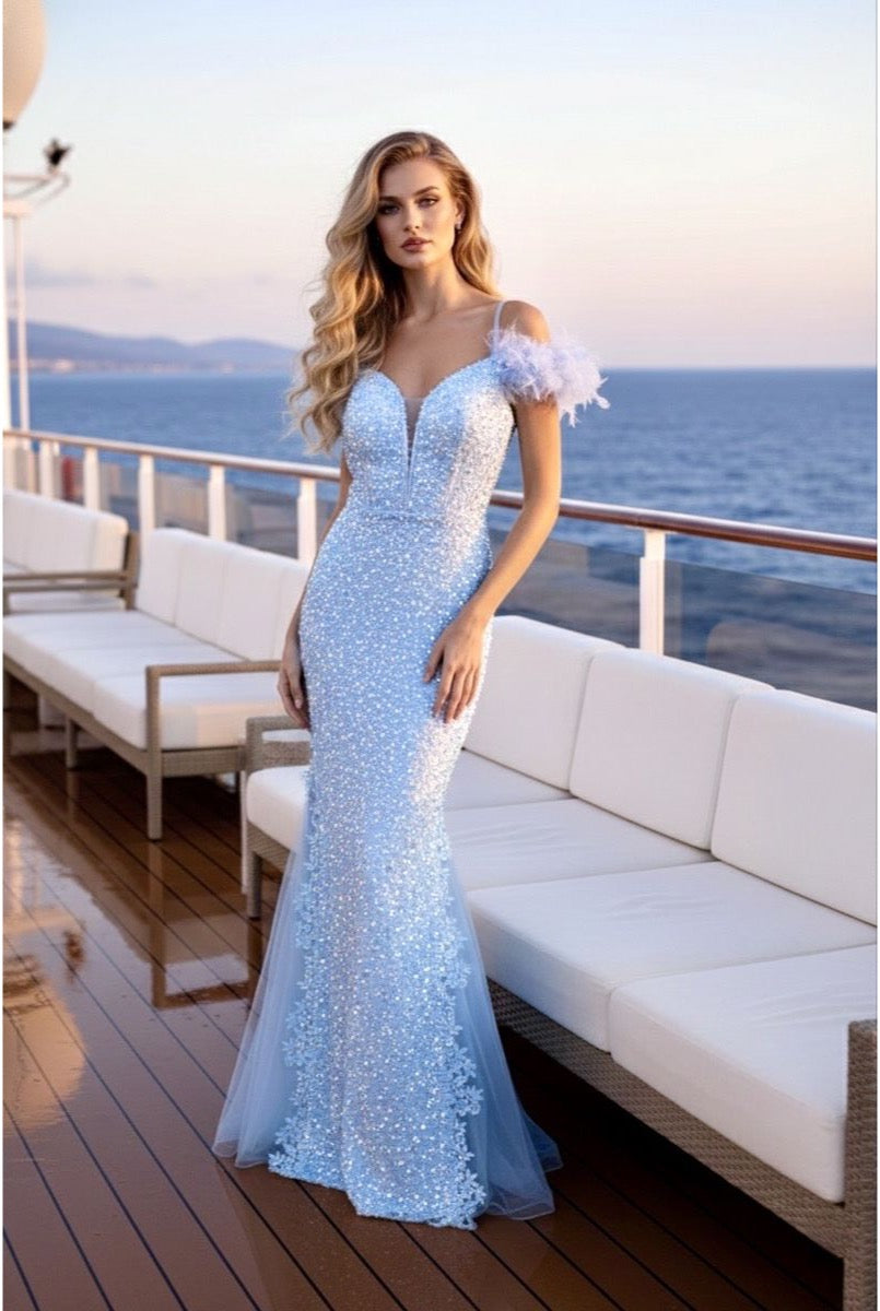 Robe sirène scintillante à épaules délicates - Bleu