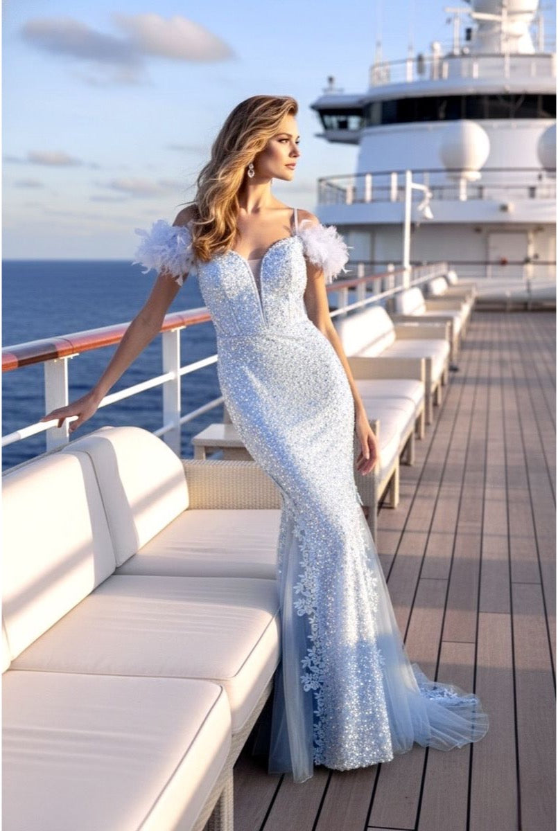 Robe sirène scintillante à épaules délicates - Bleu