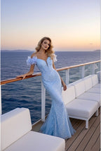Robe sirène scintillante à épaules délicates - Bleu