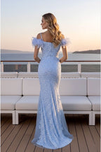 Robe sirène scintillante à épaules délicates - Bleu