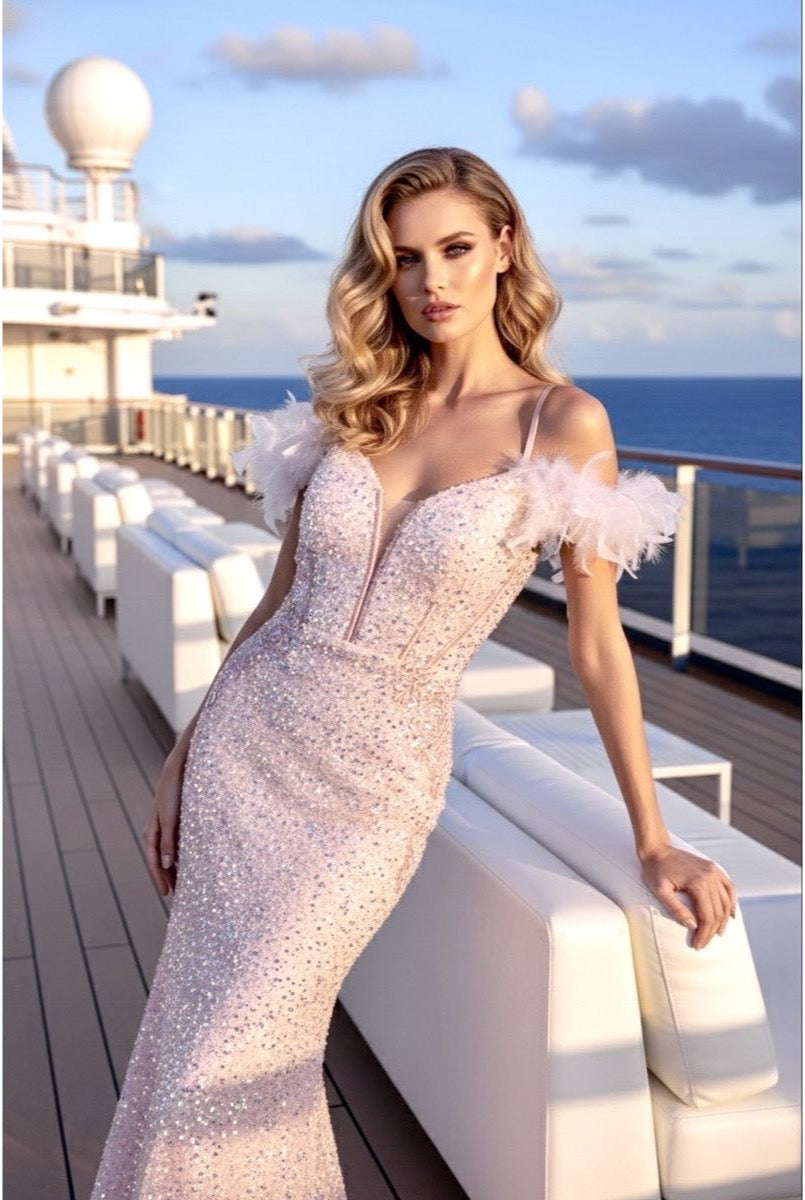 Robe sirène scintillante à épaules délicates - Rose