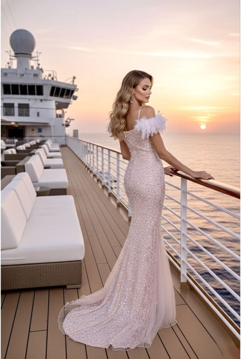 Robe sirène scintillante à épaules délicates - Rose