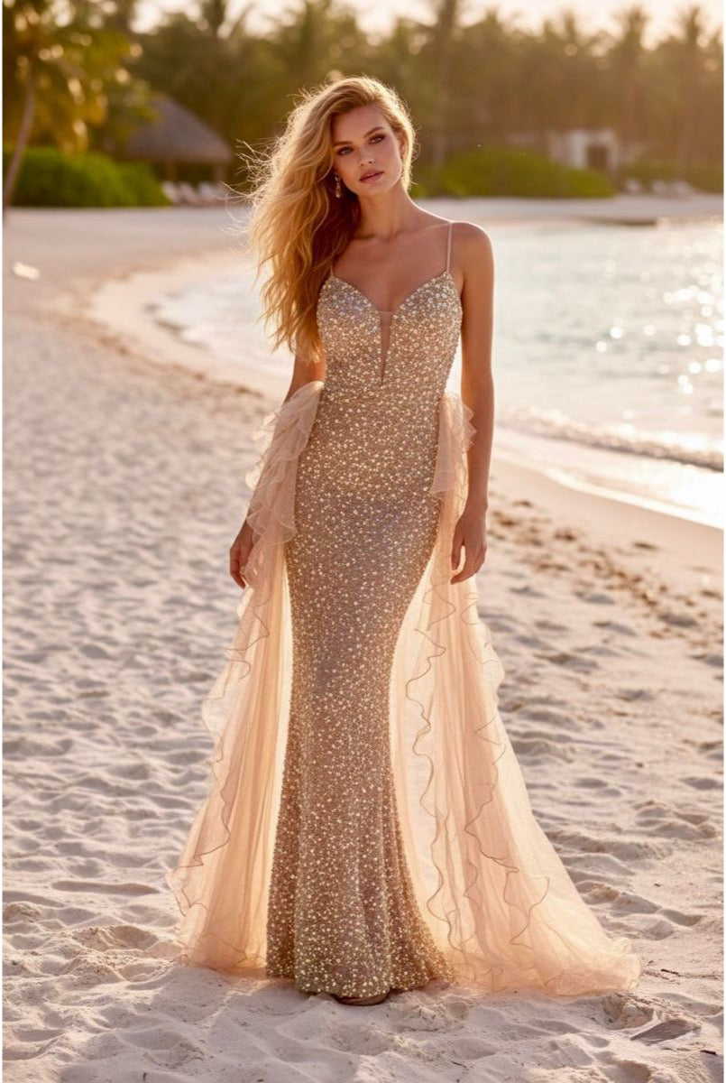 Robe sirène scintillante élégance solaire - Beige