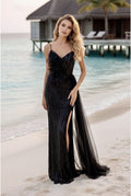 Robe longue scintillante à fleurs et traîne vaporeuse - Noir