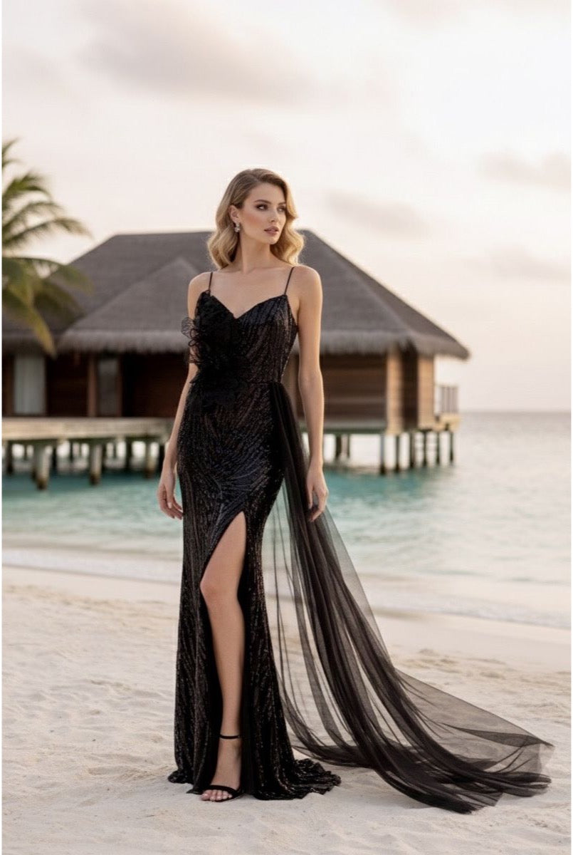 Robe longue scintillante à fleurs et traîne vaporeuse - Noir