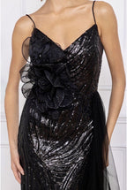 Robe longue scintillante à fleurs et traîne vaporeuse - Noir