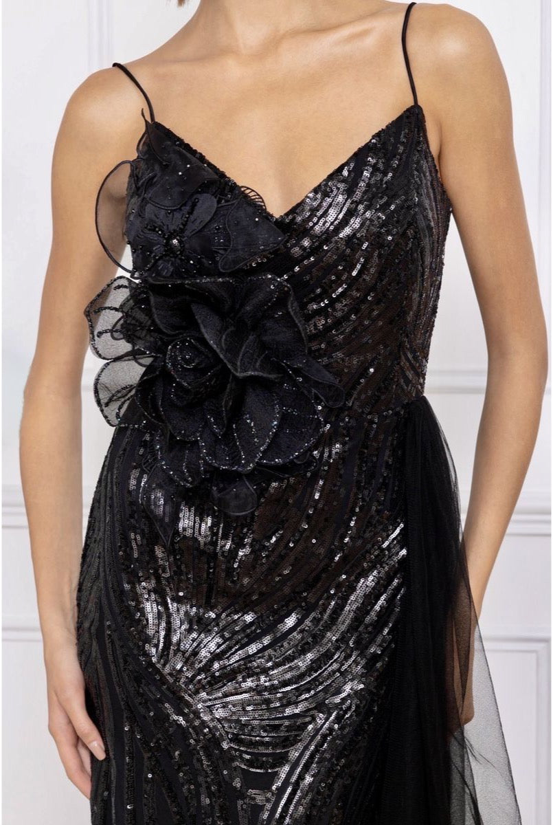Robe longue scintillante à fleurs et traîne vaporeuse - Noir