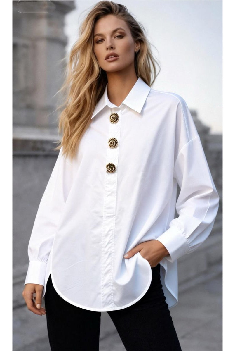 Chemise Fluide À Boutons Décoratifs – Coupe Droite - Blanc