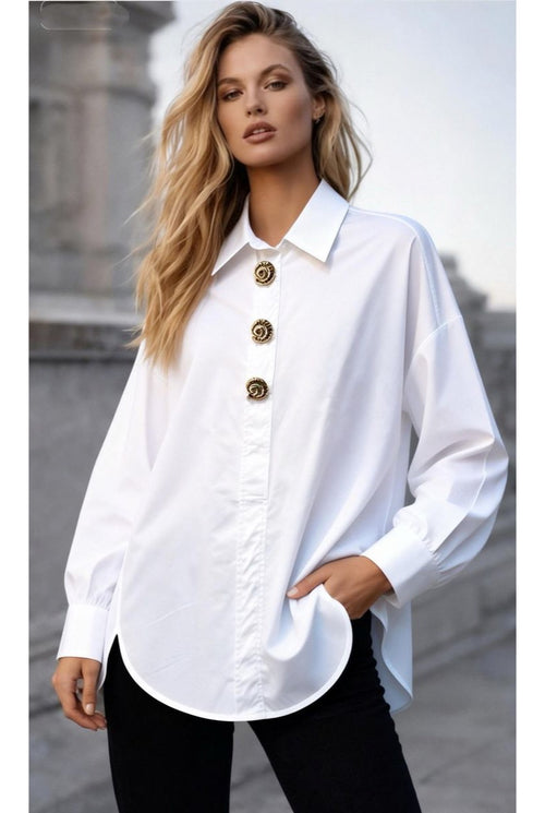 Chemise Fluide À Boutons Décoratifs – Coupe Droite - Blanc