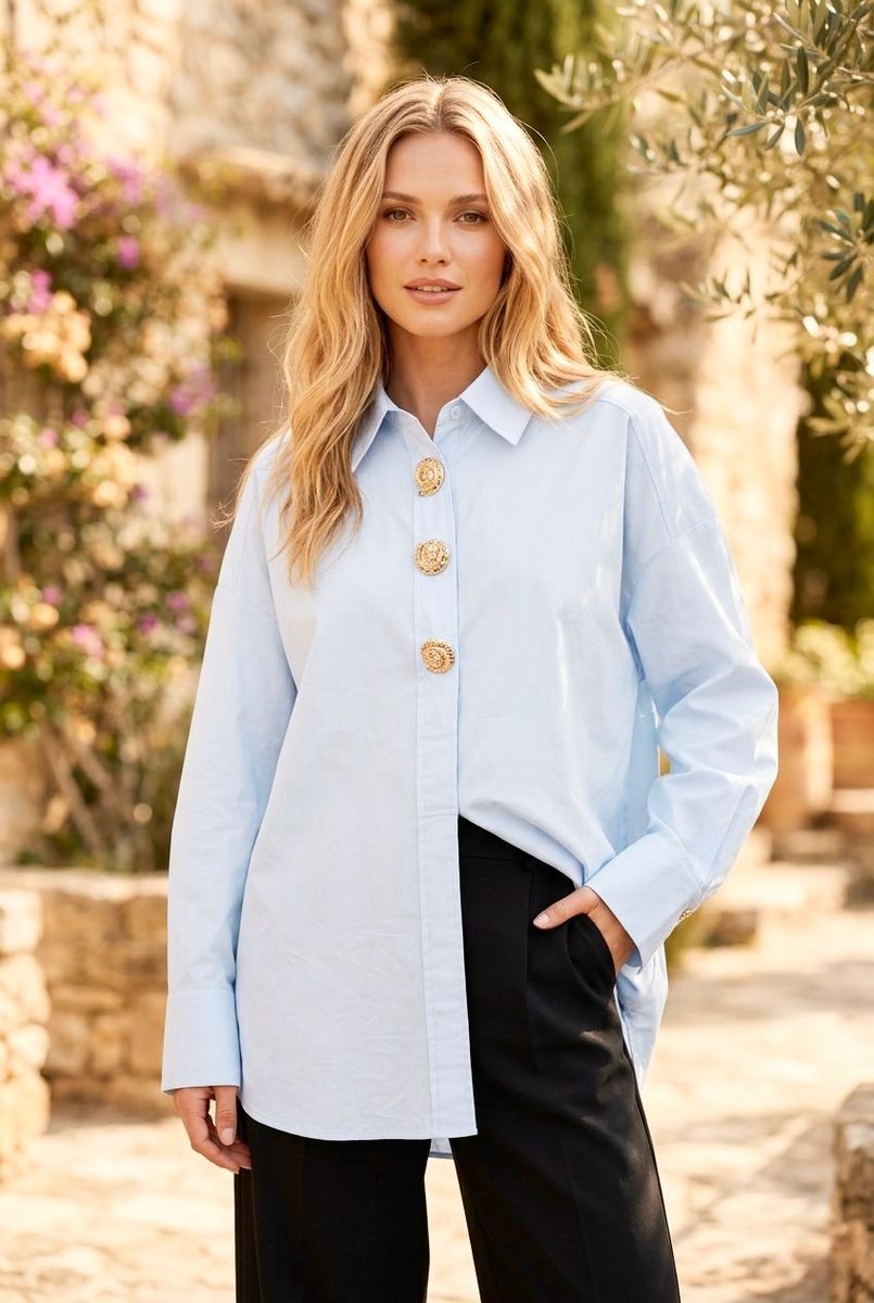 Chemise Fluide À Boutons Décoratifs – Coupe Droite - Bleu ciel
