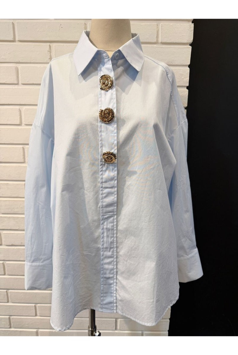 Chemise Fluide À Boutons Décoratifs – Coupe Droite - Bleu ciel