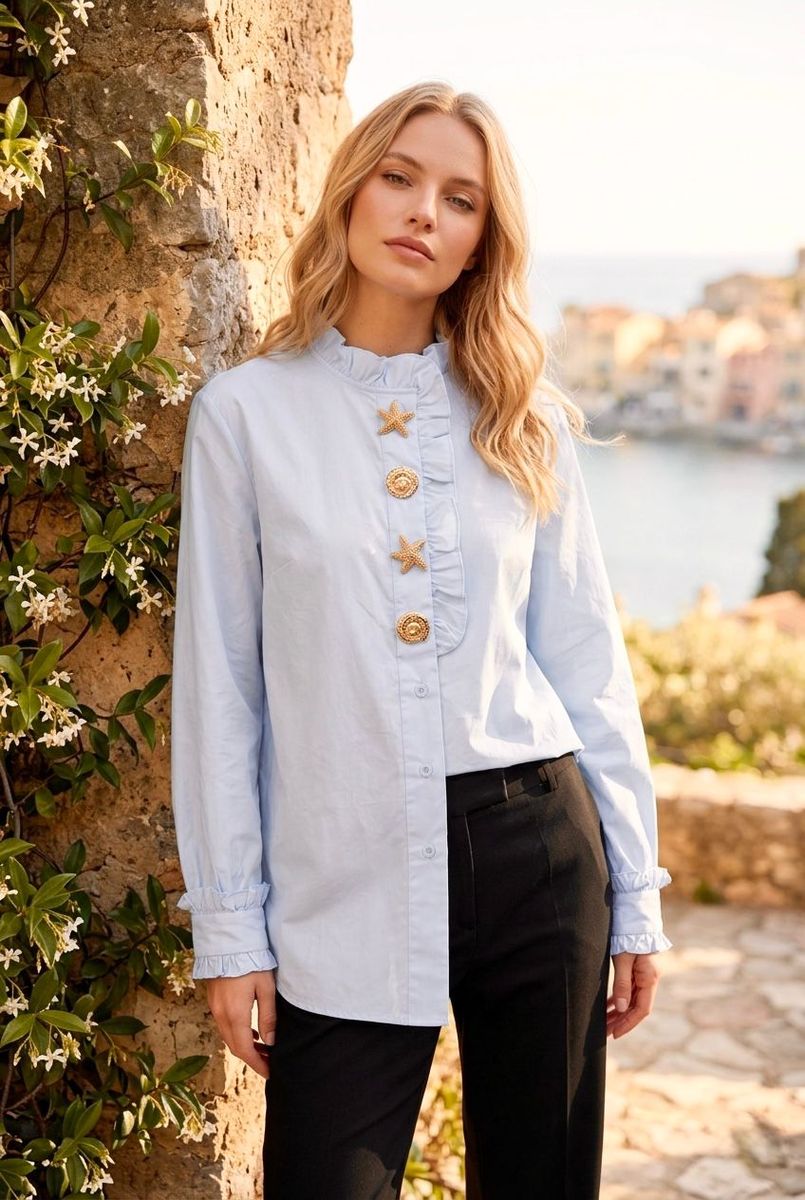 Chemise Élégante À Col Volanté - Bleu