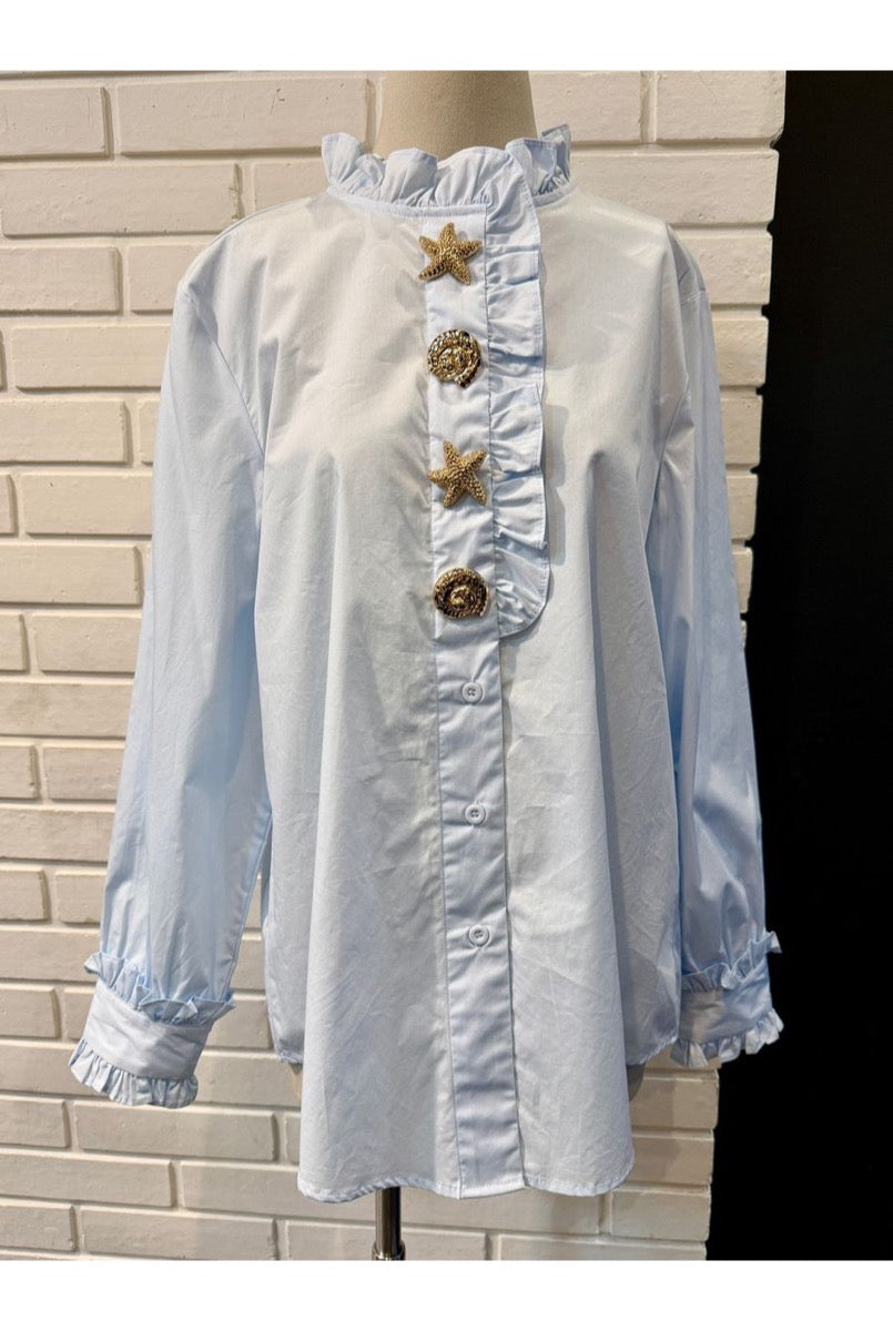 Chemise Élégante À Col Volanté - Bleu