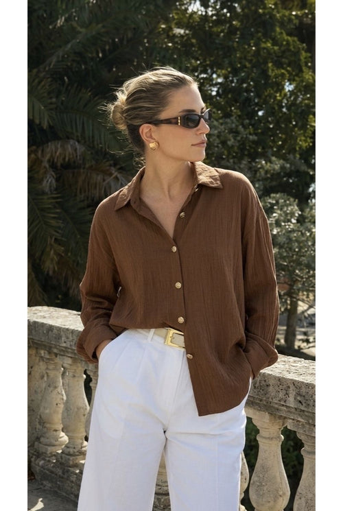 Chemise Fluide Boutonnée Coupe Ample - Brun