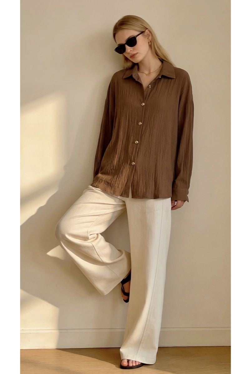 Chemise Fluide Boutonnée Coupe Ample - Brun