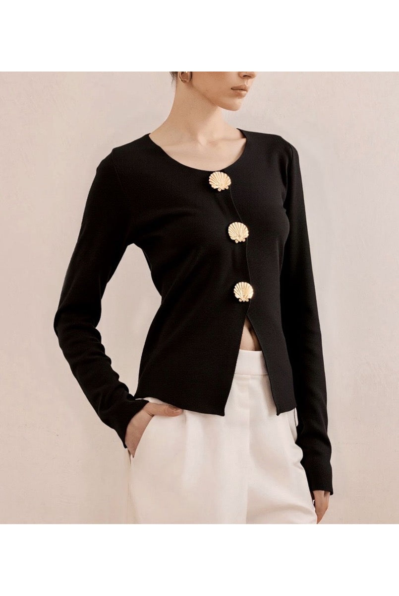 Pull Chic Boutons Coquillage Dorée - Noir