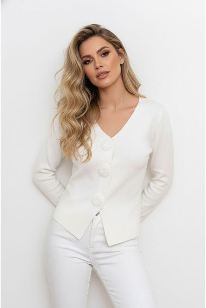 Gilet Court Élégant Boutons Floraux - Blanc