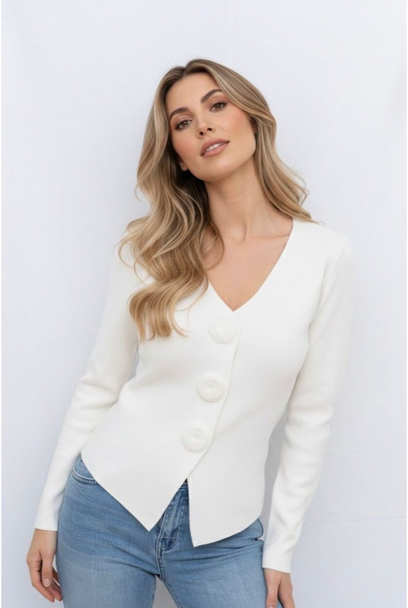 Gilet Court Élégant Boutons Floraux - Blanc