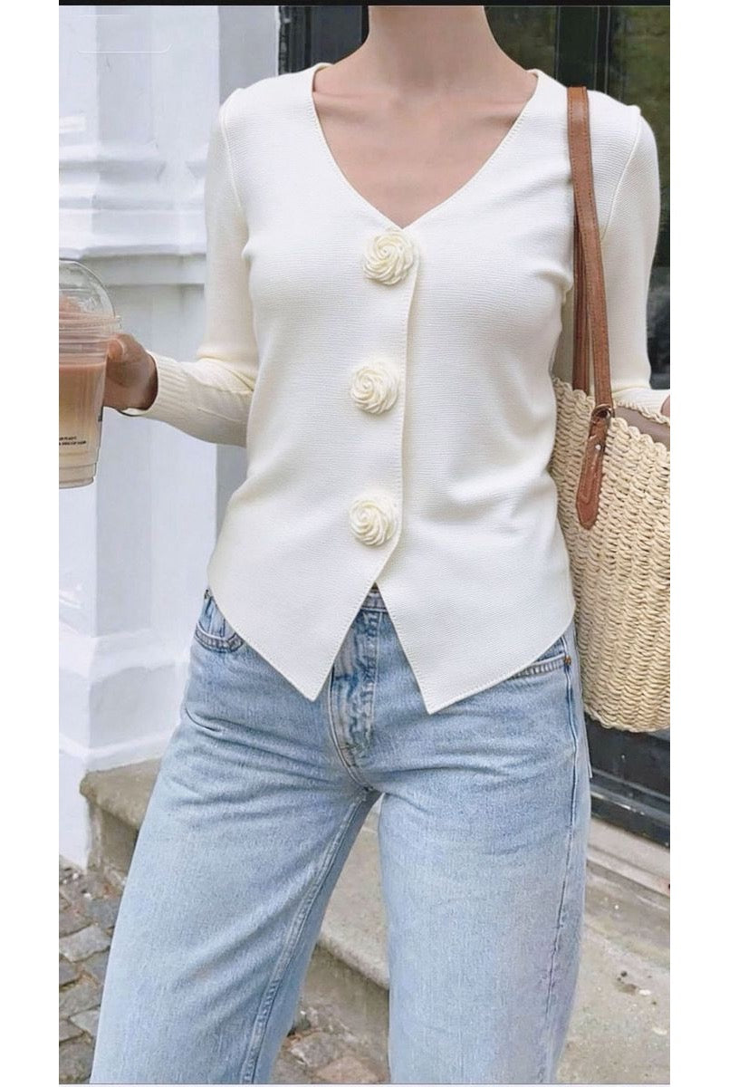 Gilet Court Élégant Boutons Floraux - Blanc