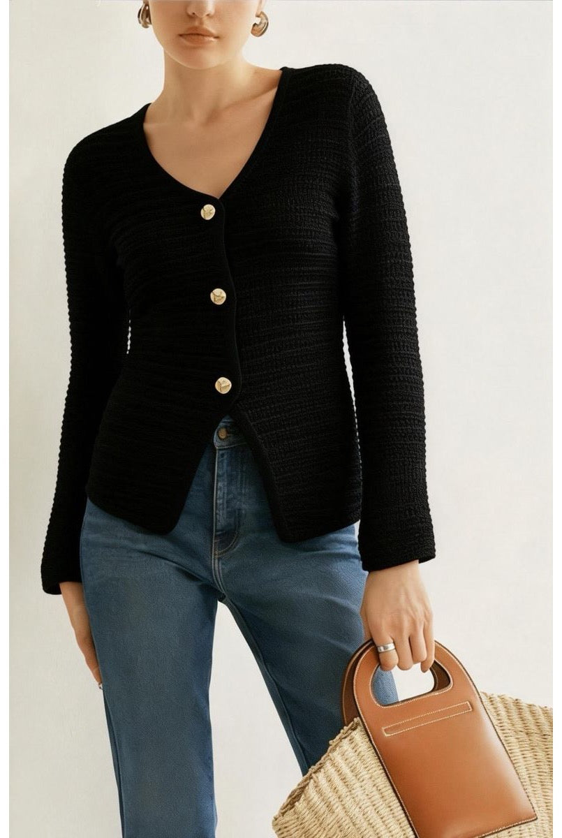 Gilet Élégance Texturée Boutonnée # - Noir
