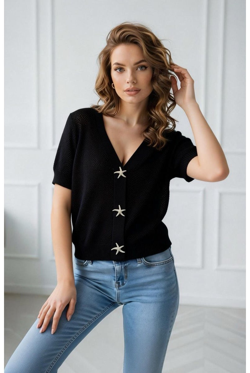 Gilet Court Moderne Boutons Marins - Noir