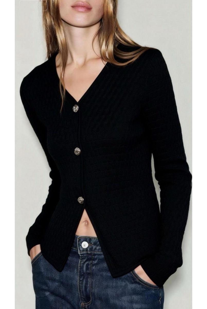 Gilet Élégance Texturée Boutonnée - Noir