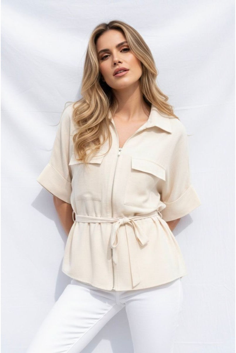 Chemise fluide zippée ceinturée moderne - Beige