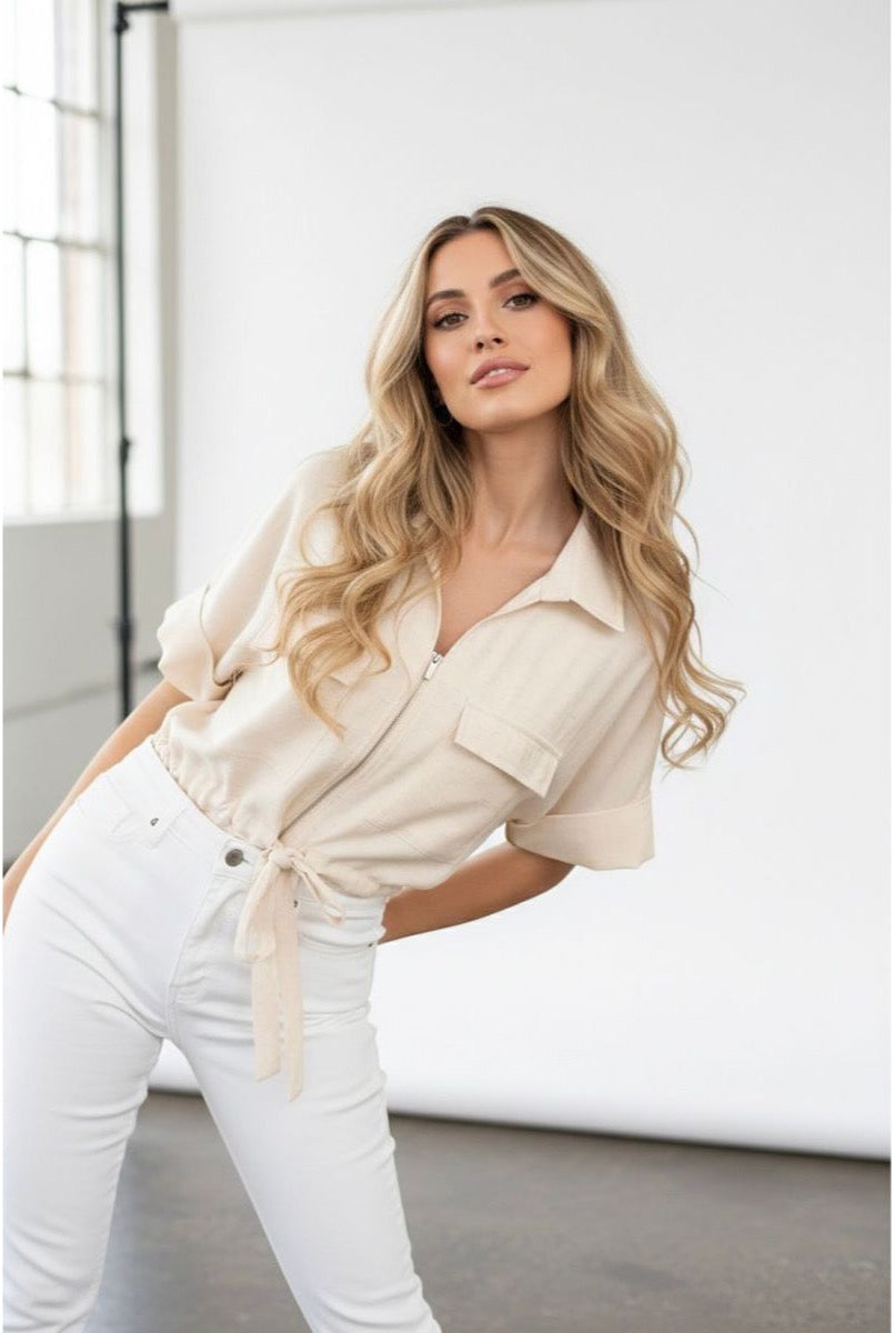 Chemise fluide zippée ceinturée moderne - Beige