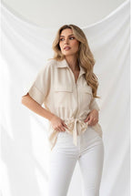 Chemise fluide zippée ceinturée moderne - Beige