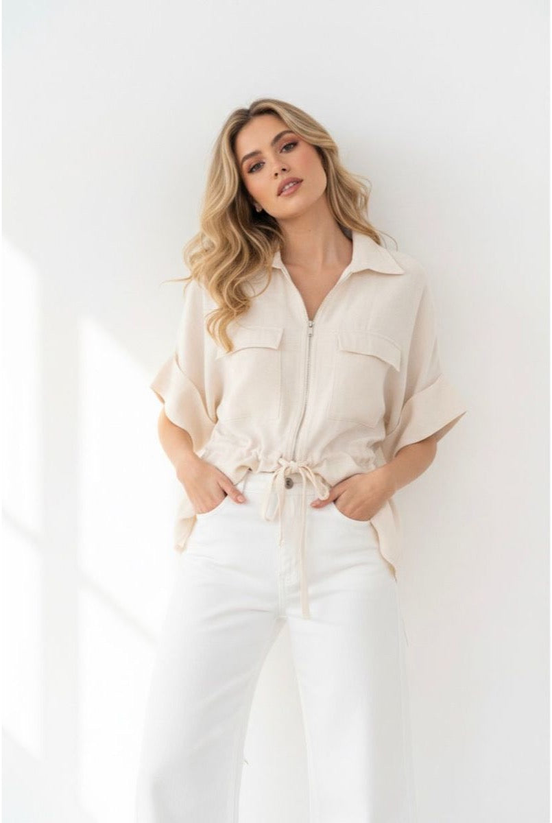 Chemise fluide zippée ceinturée moderne - Beige