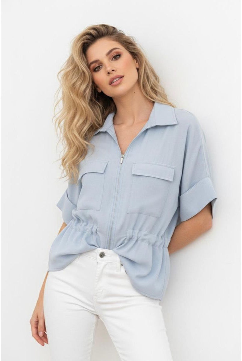 Chemise fluide zippée ceinturée moderne - Bleu