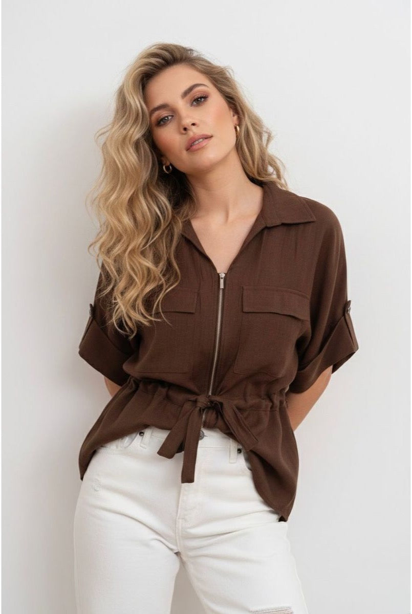 Chemise fluide zippée ceinturée moderne - Brun foncé