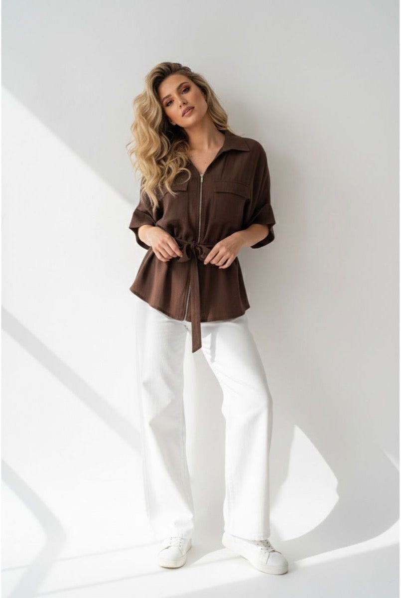 Chemise fluide zippée ceinturée moderne - Brun foncé