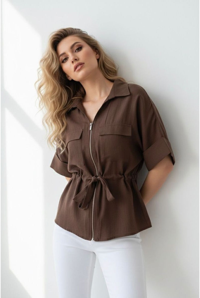 Chemise fluide zippée ceinturée moderne - Brun foncé