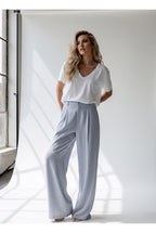 Pantalon Large Fluide Taille Structurée - Bleu
