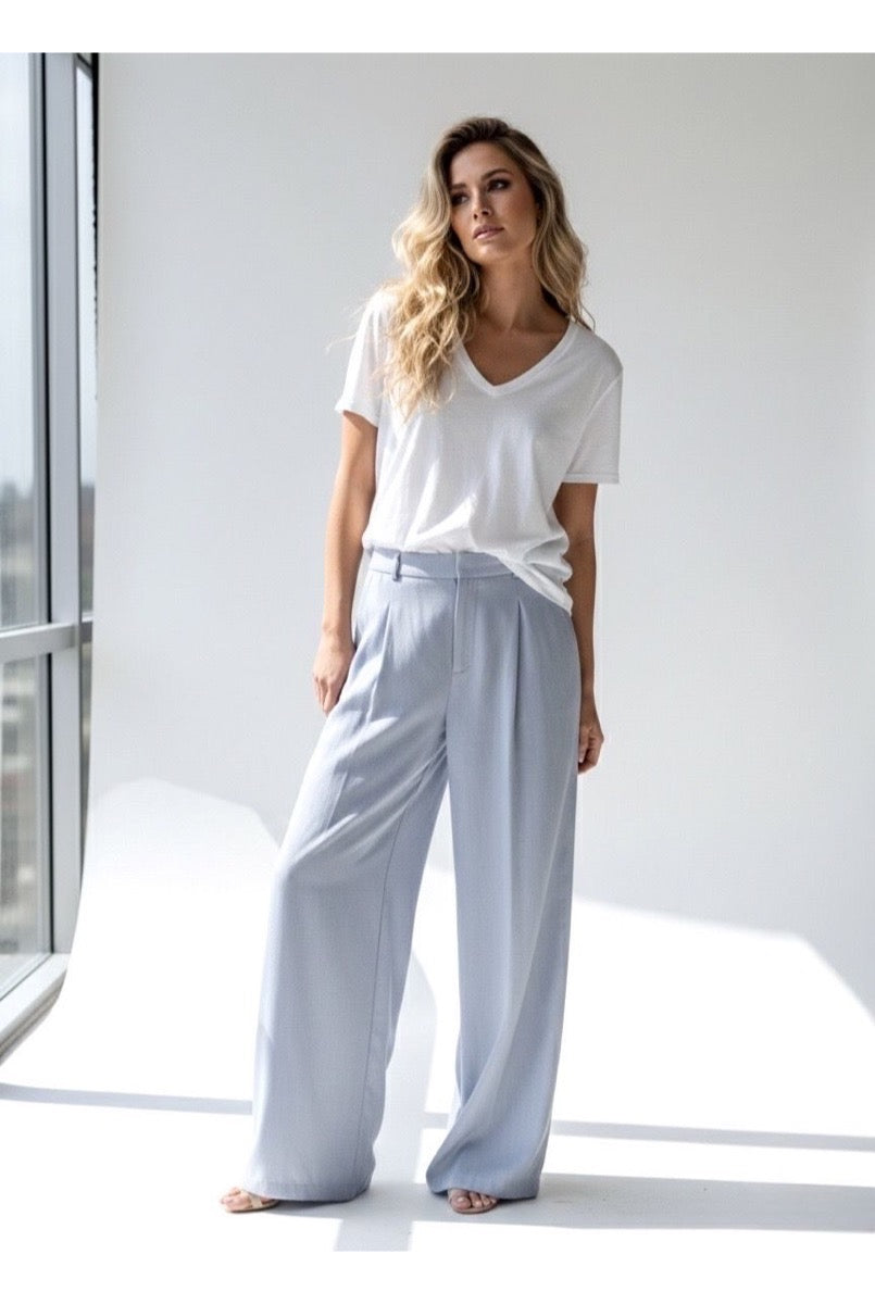Pantalon Large Fluide Taille Structurée - Bleu