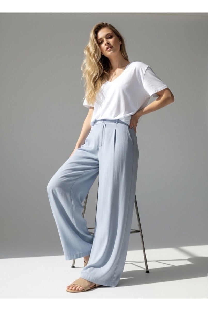 Pantalon Large Fluide Taille Structurée - Bleu