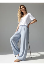 Pantalon Large Fluide Taille Structurée - Bleu