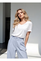 Pantalon Large Fluide Taille Structurée - Bleu