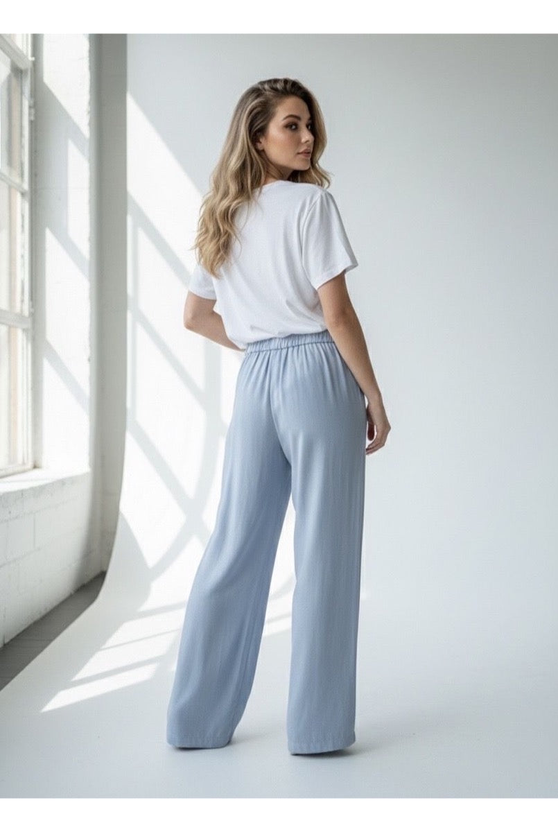 Pantalon Large Fluide Taille Structurée - Bleu