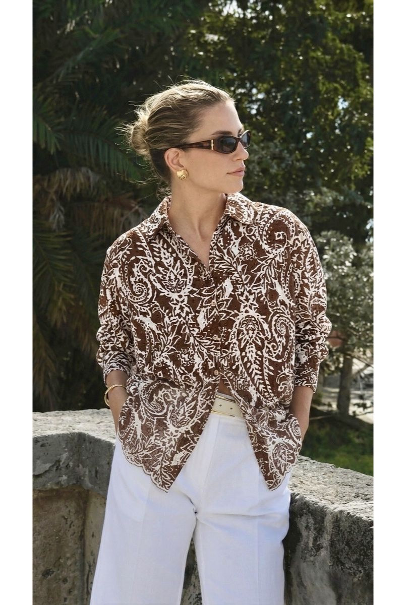 Chemise Imprimée Fluide Esprit Graphique - Brun