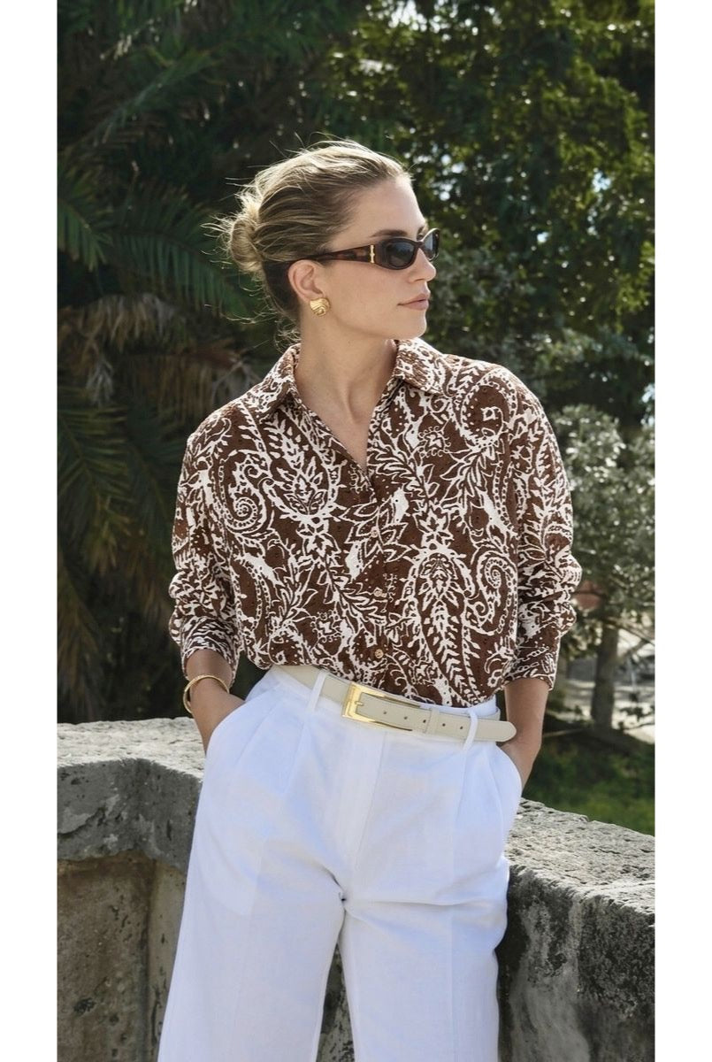 Chemise Imprimée Fluide Esprit Graphique - Brun