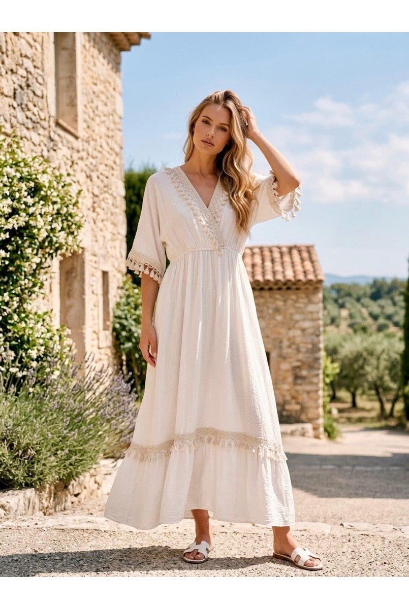 Robe Longue Fluide Détails Bohèmes - Blanc