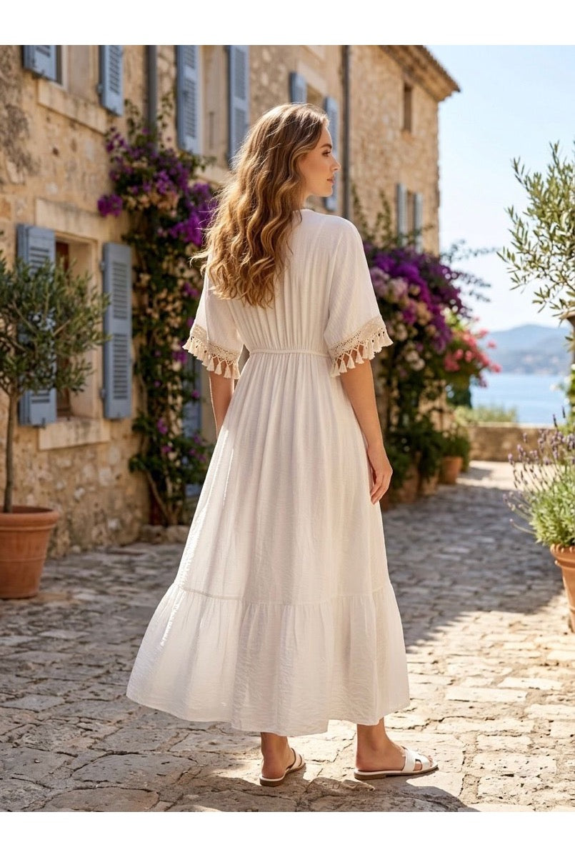 Robe Longue Fluide Détails Bohèmes - Blanc